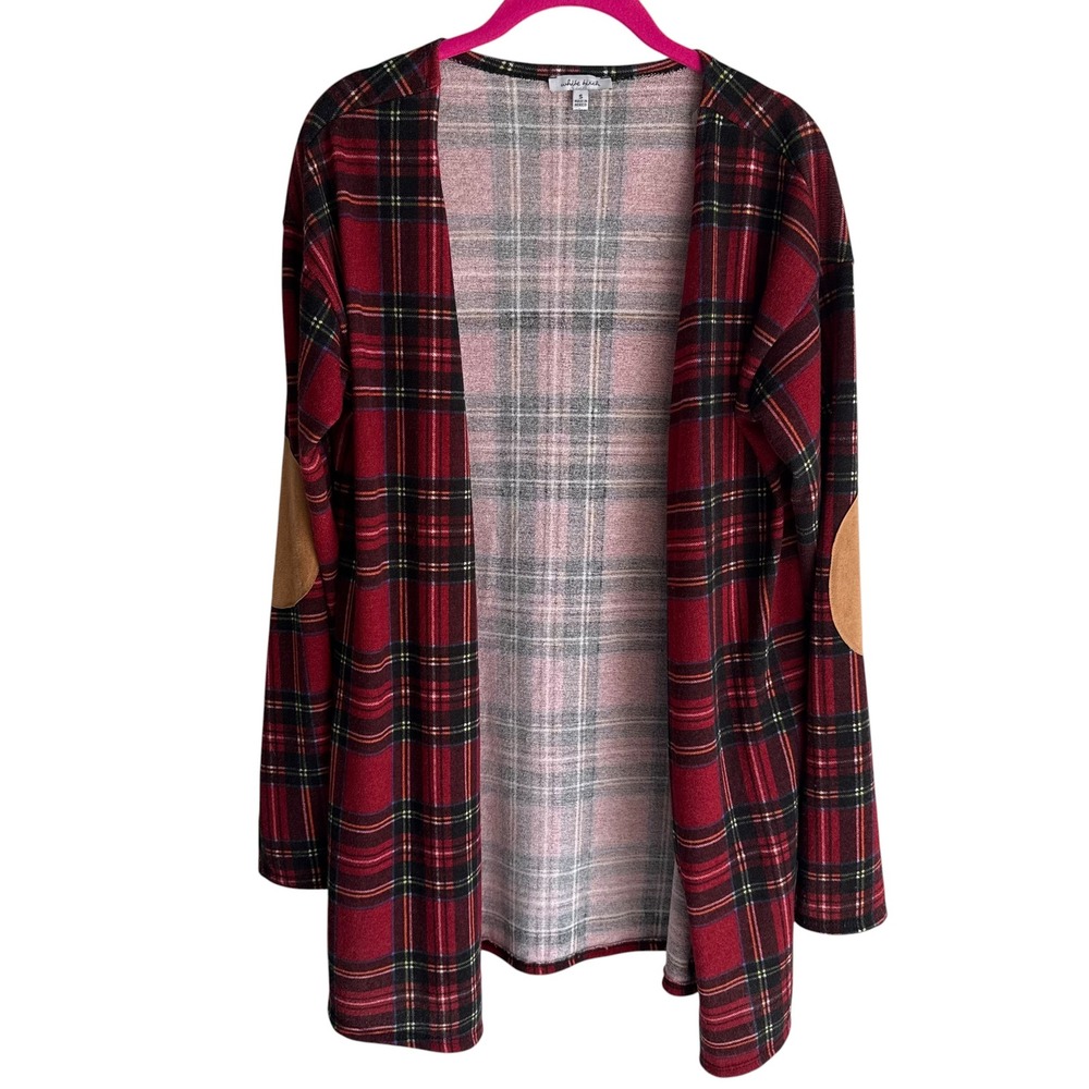 WHITE BIRCH Red Plaid Open Front Elbow Patched Long Sleeve Ladies Cardigan, S